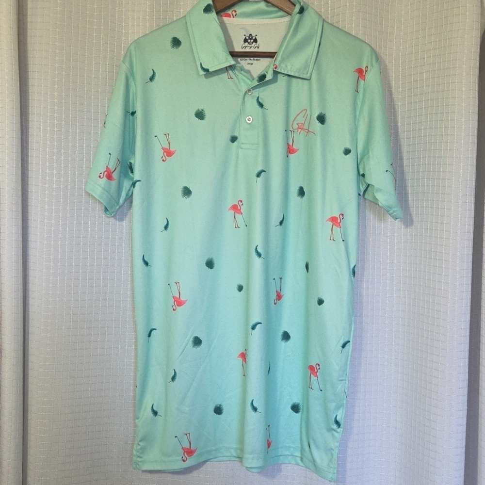 Gashouse Golf Polo Shirt Green Mint Flamingo Print Performance Stretch Mens L